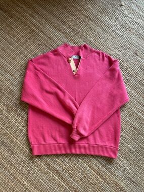 L.L. Bean Rose-Red Button-Placket Crewneck Sweater